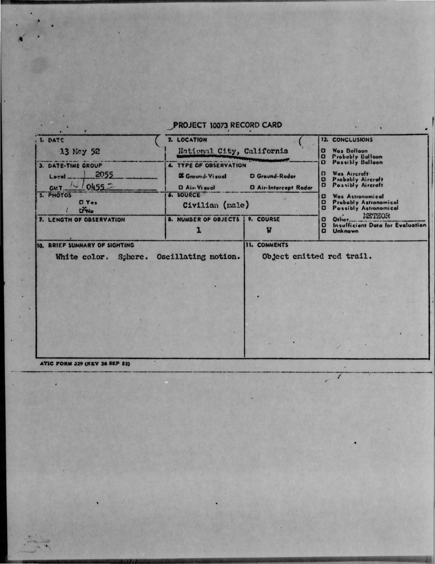 Project Blue Book case file, National City, California, May 1952: first page (US Air Force / NARA)